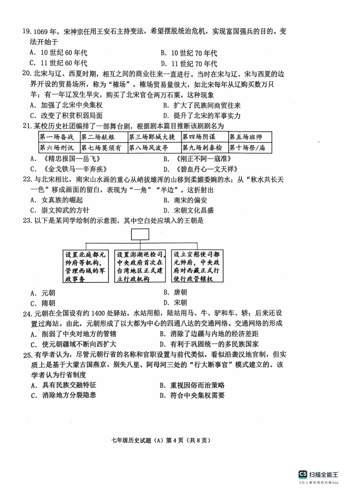 山东省滨州市滨城区2024--2025学年统编版七年级历史下学期期中测试题