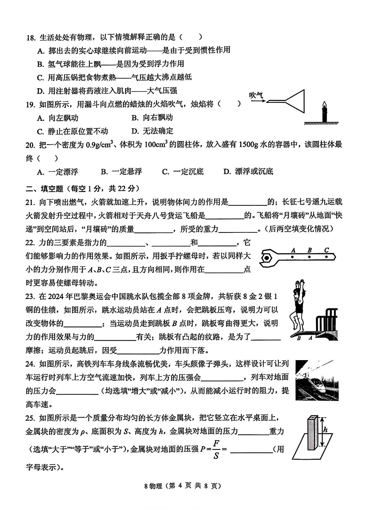 湖北省孝感市孝南区2024-2025学年八年级下学期4月期中物理试题