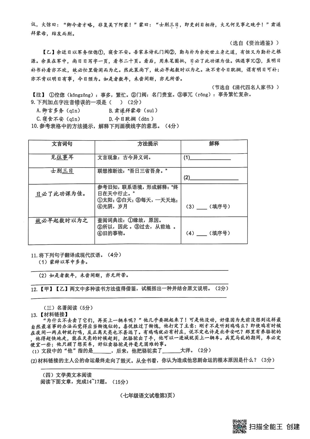 海南省省直辖县级行政单位临高县2024-2025学年七年级下学期5月期中语文试题