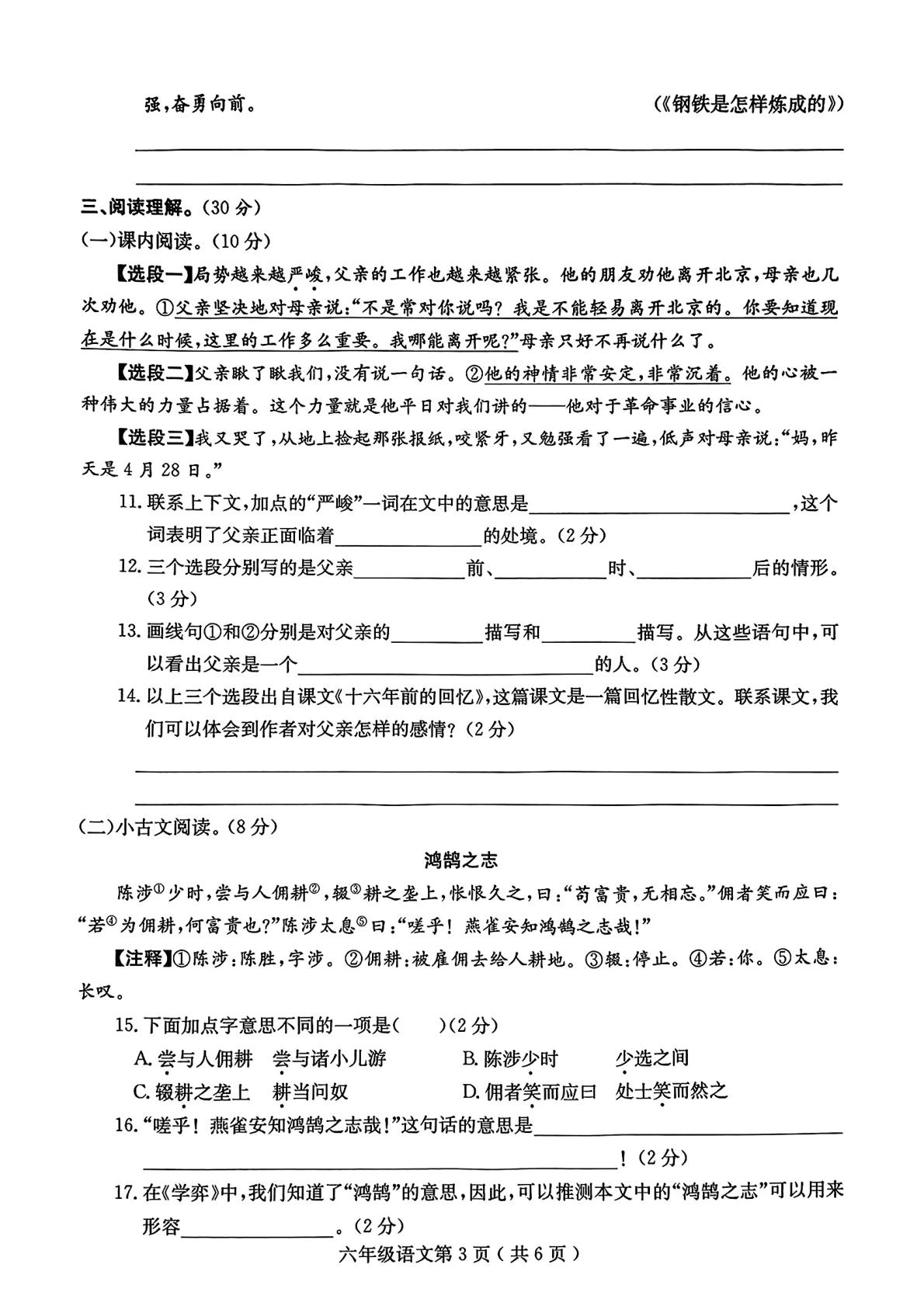 河南省漯河市郾城区2024-2025学年六年级下学期期末语文试题