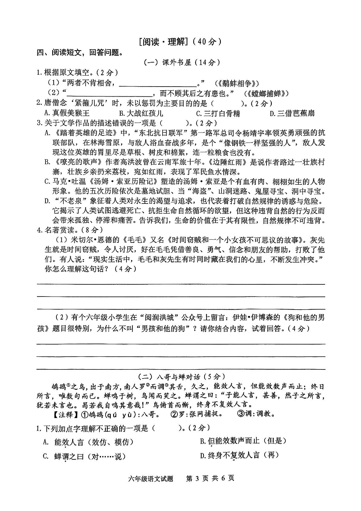 江苏省宿迁市泗洪县2024-2025学年六年级下学期期末语文试题