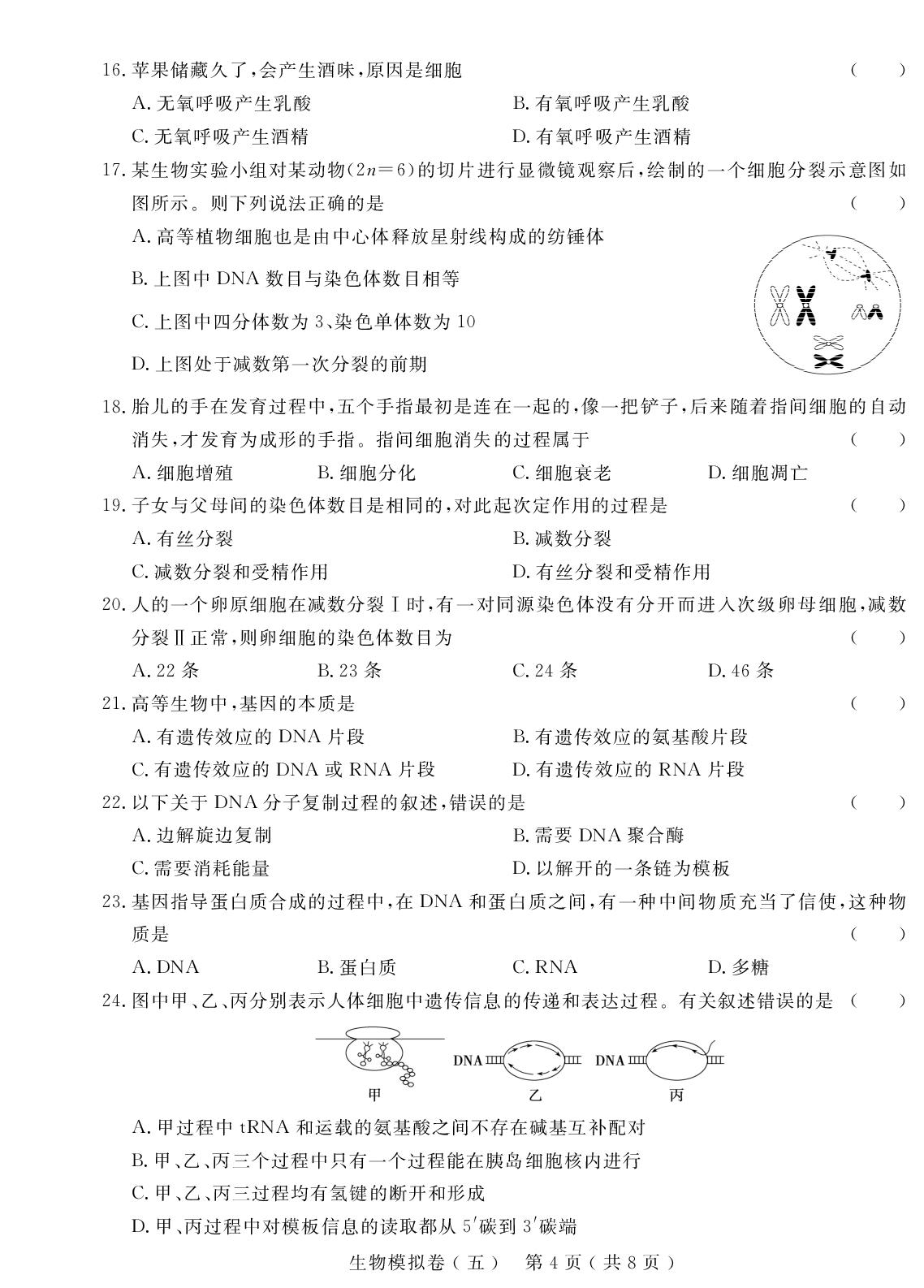 生物模拟卷(五)-【学考金卷】新疆高中学业水平合格性考试生物模拟卷