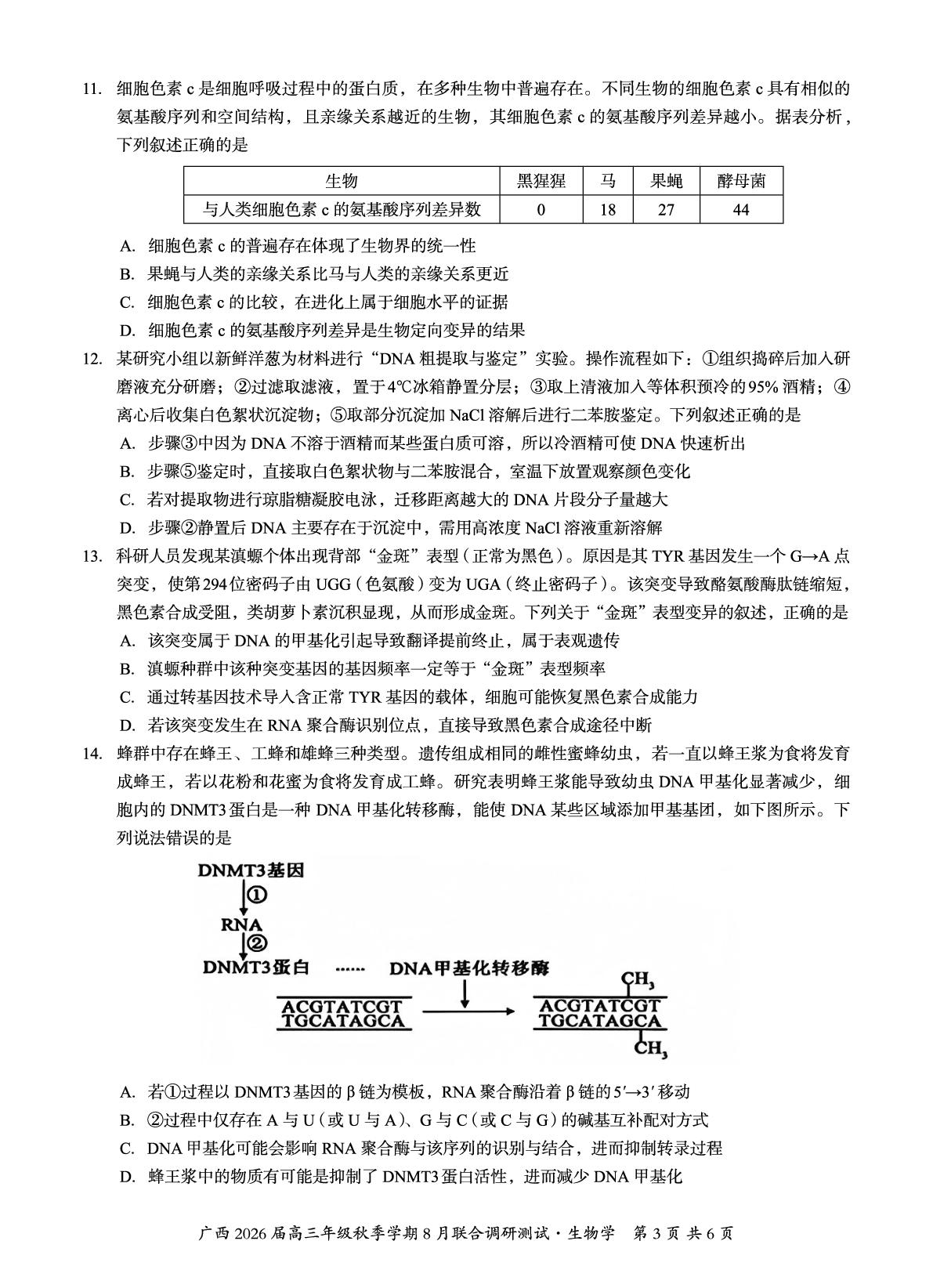 广西壮族自治区邕横教育名校联盟2025-2026学年高三上学期8月联合调研测试生物试题