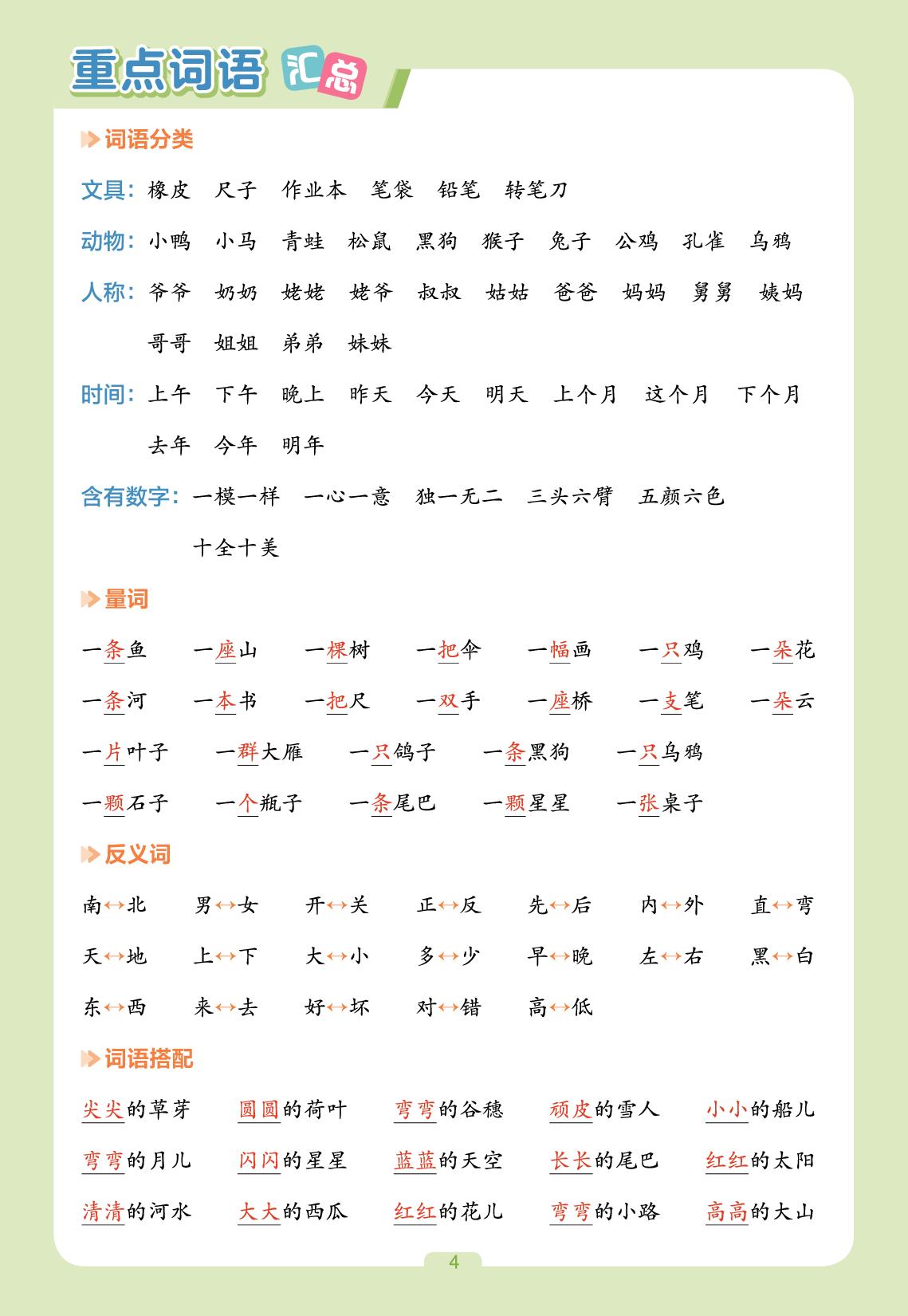 常考知识速记卡-【3星学霸课时作业】2025-2026学年新教材一年级上册语文(统编版2024)