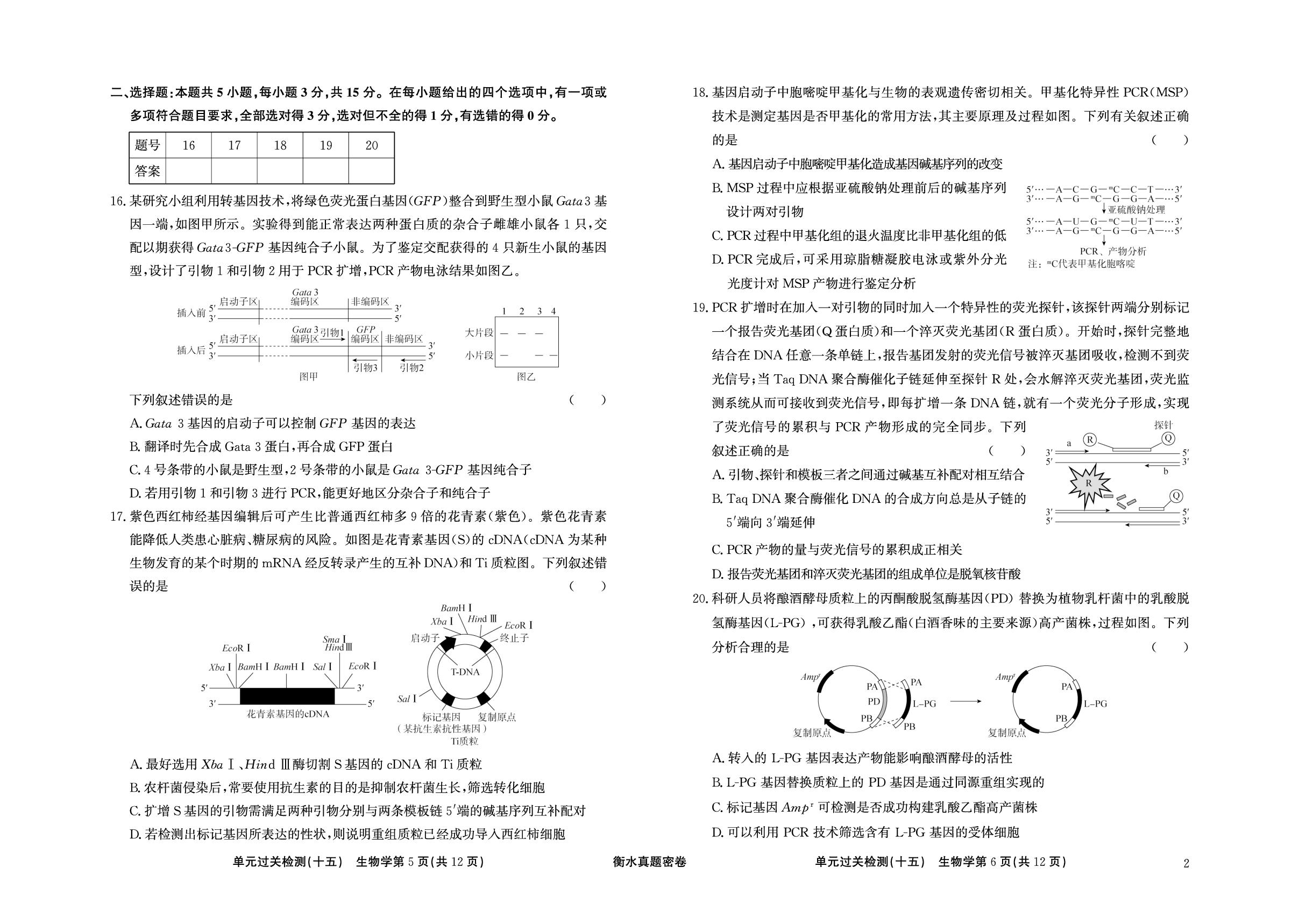 单元检测(十五) 基因工程(含生物技术安全性和伦理问题)-【衡水真题密卷】2025年高考生物单元过关检测（辽宁吉林黑龙江版）