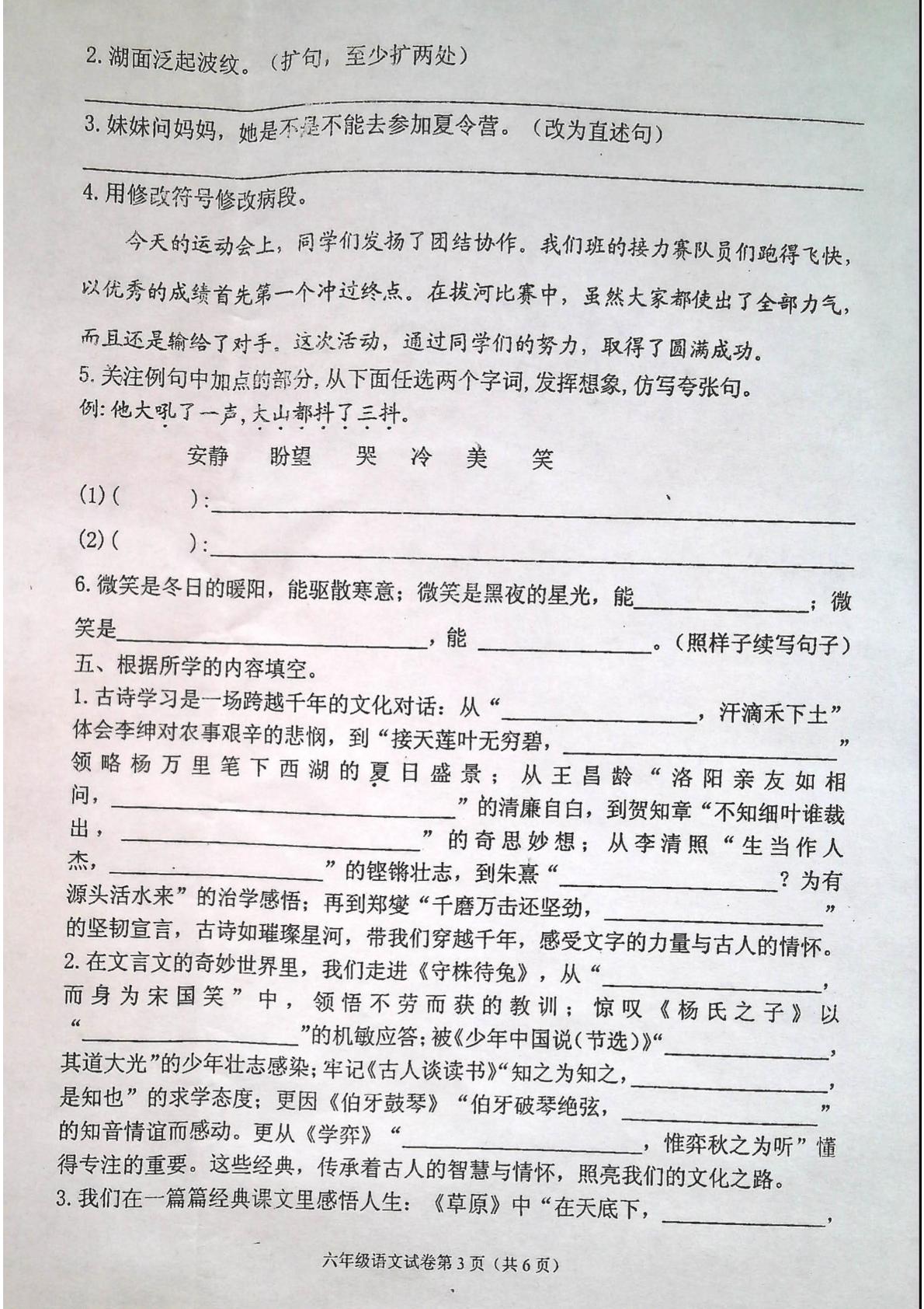 吉林省白城市洮北区2024-2025学年六年级下学期期末语文试卷
