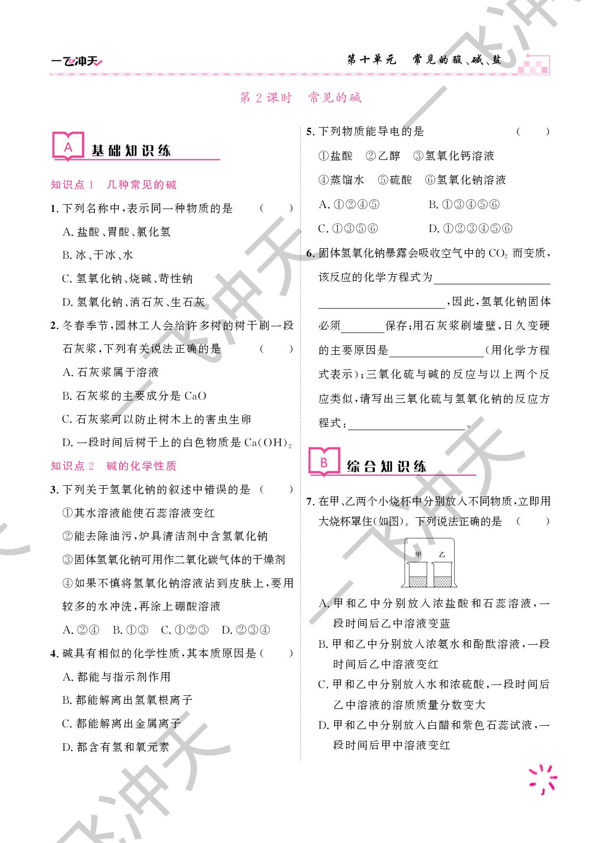 第十单元 课题2 常见的酸和碱-【一飞冲天·同步训练】2024-2025学年新教材九年级化学下册（人教版2024）