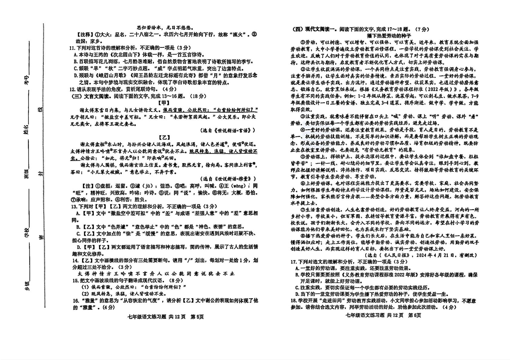 山东省泰安市岱岳区2024-2025学年七年级上学期期中语文试卷