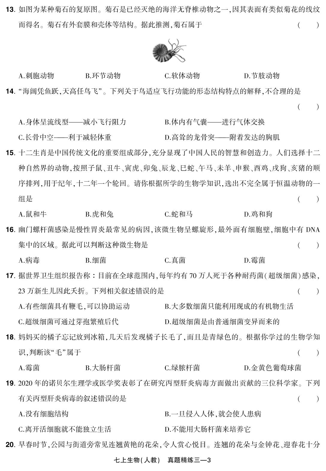 真题精练三 河南省郑州市惠济区2023-2024学年上学期期末试题(改编)-【红卷】2024-2025学年七年级上册生物学期末复习方案（人教版）