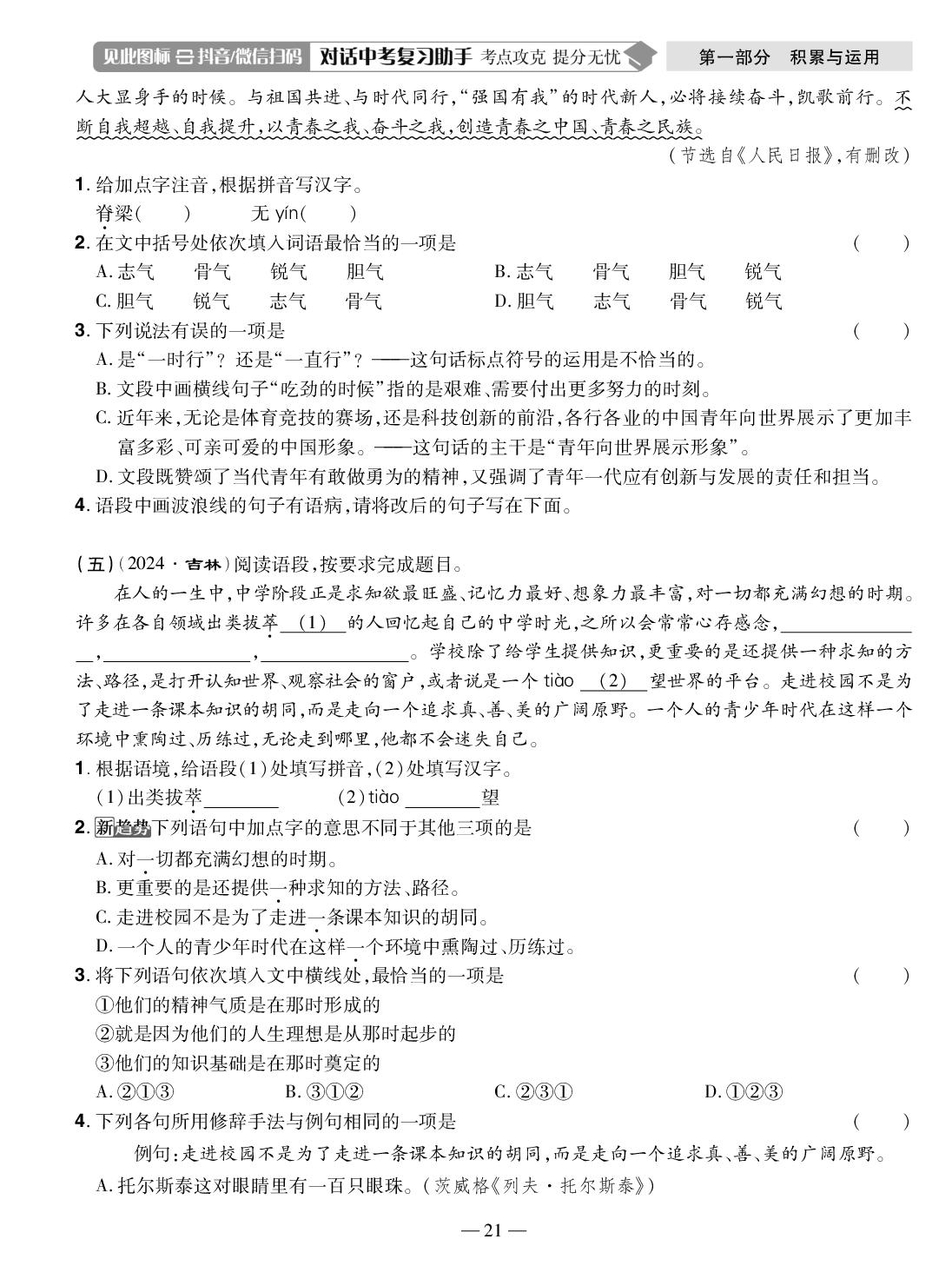 核心素养综合练一 语段阅读-（精炼本）-【中考123】2026年中考一轮总复习语文（吉林专版）