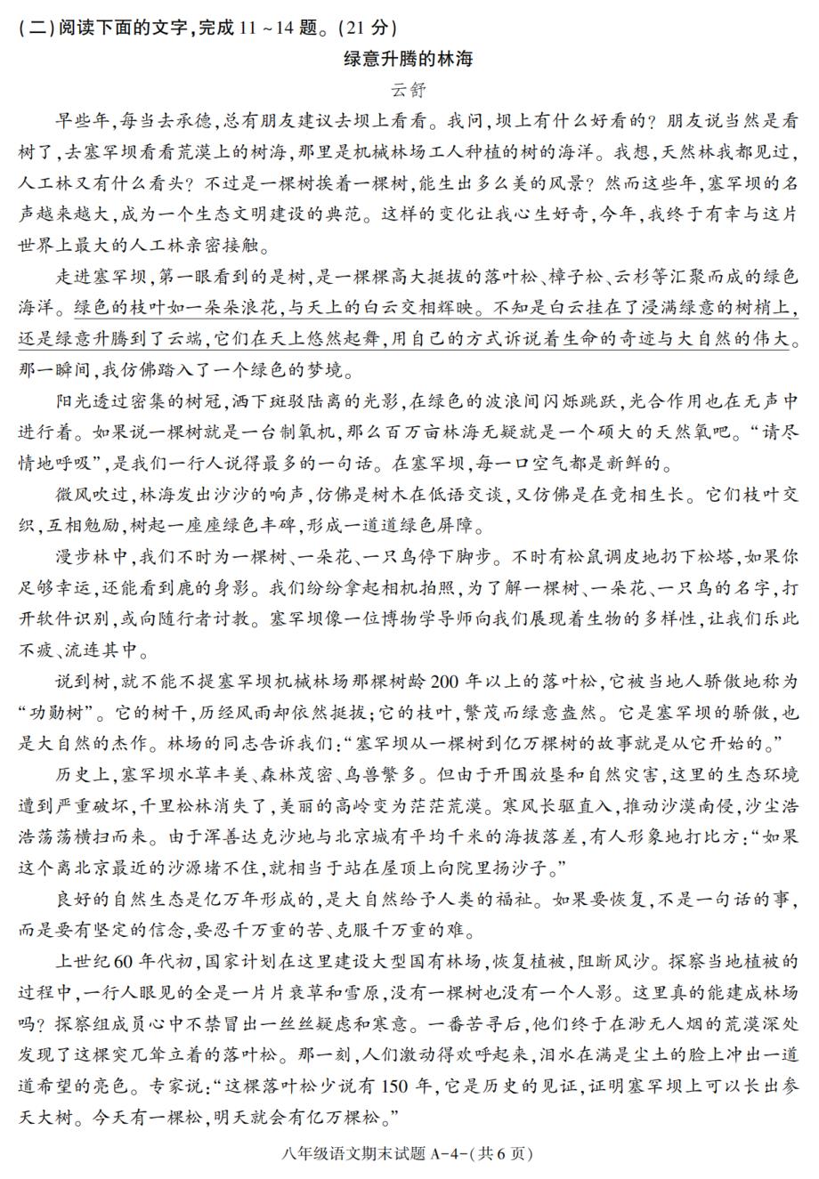 陕西省西安市阎良区2024-2025学年八年级下学期期末考试语文试卷