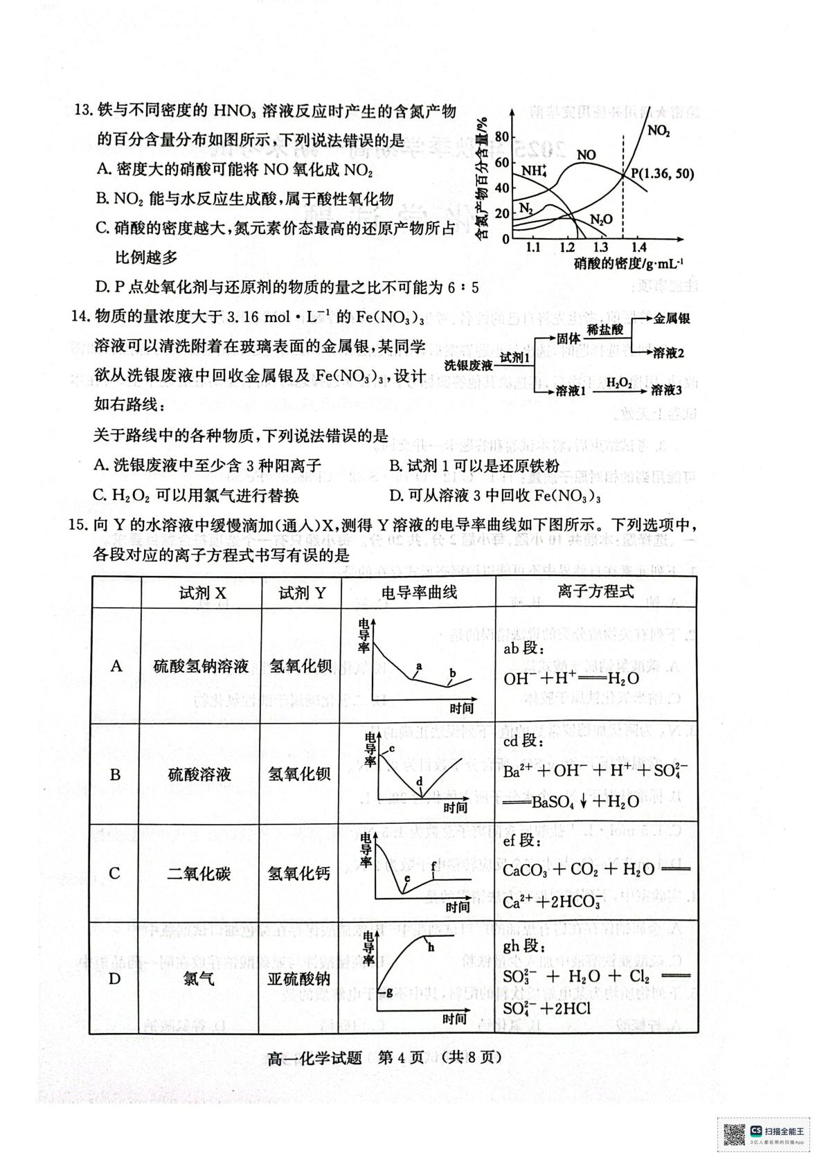 山东济南市2025年秋季学期高一期末化学试题