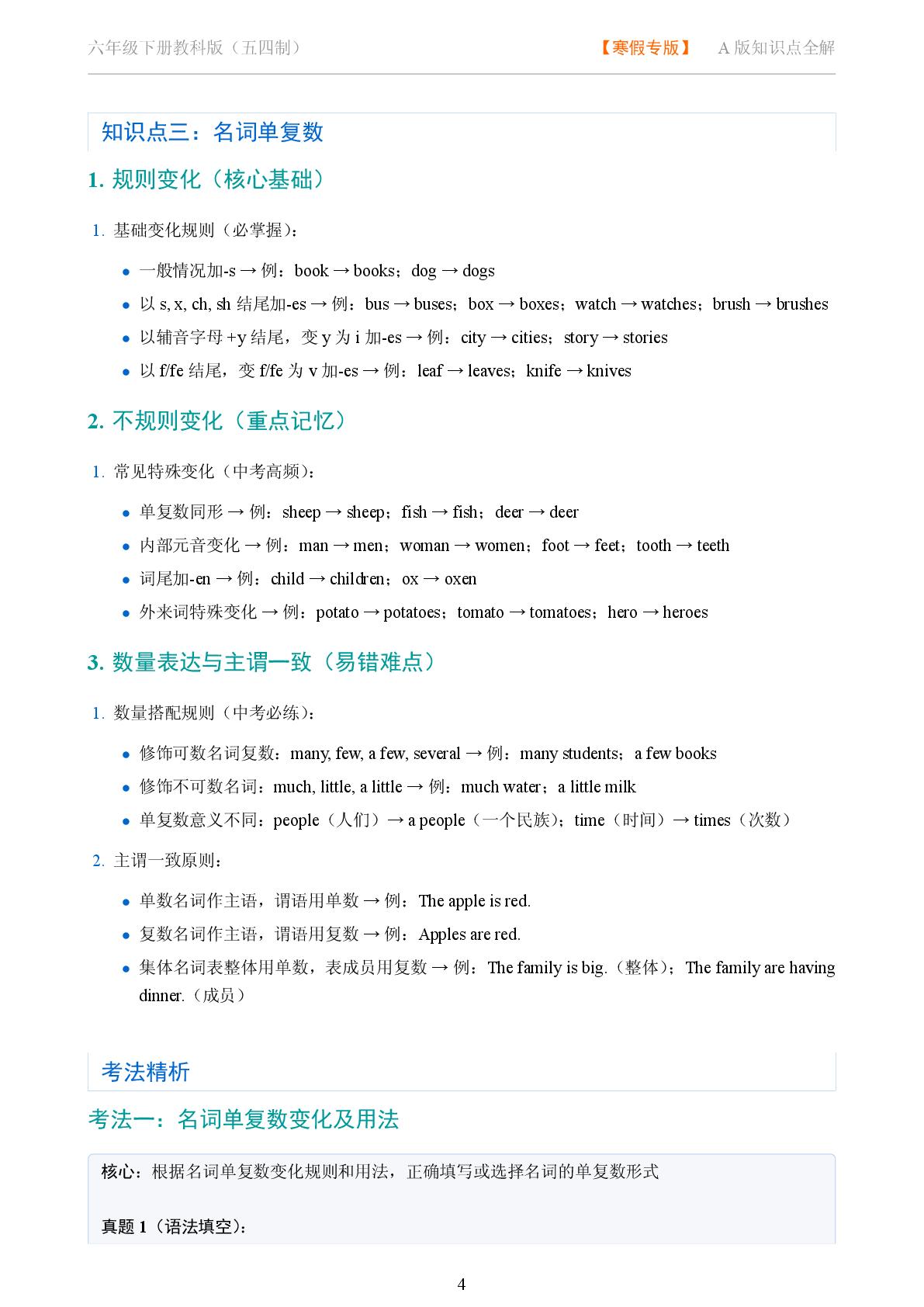 Unit 1 I want a hot dogplease 名词单复数-2025-2026学年六年级英语下册语法知识点全解（教科版五四制）