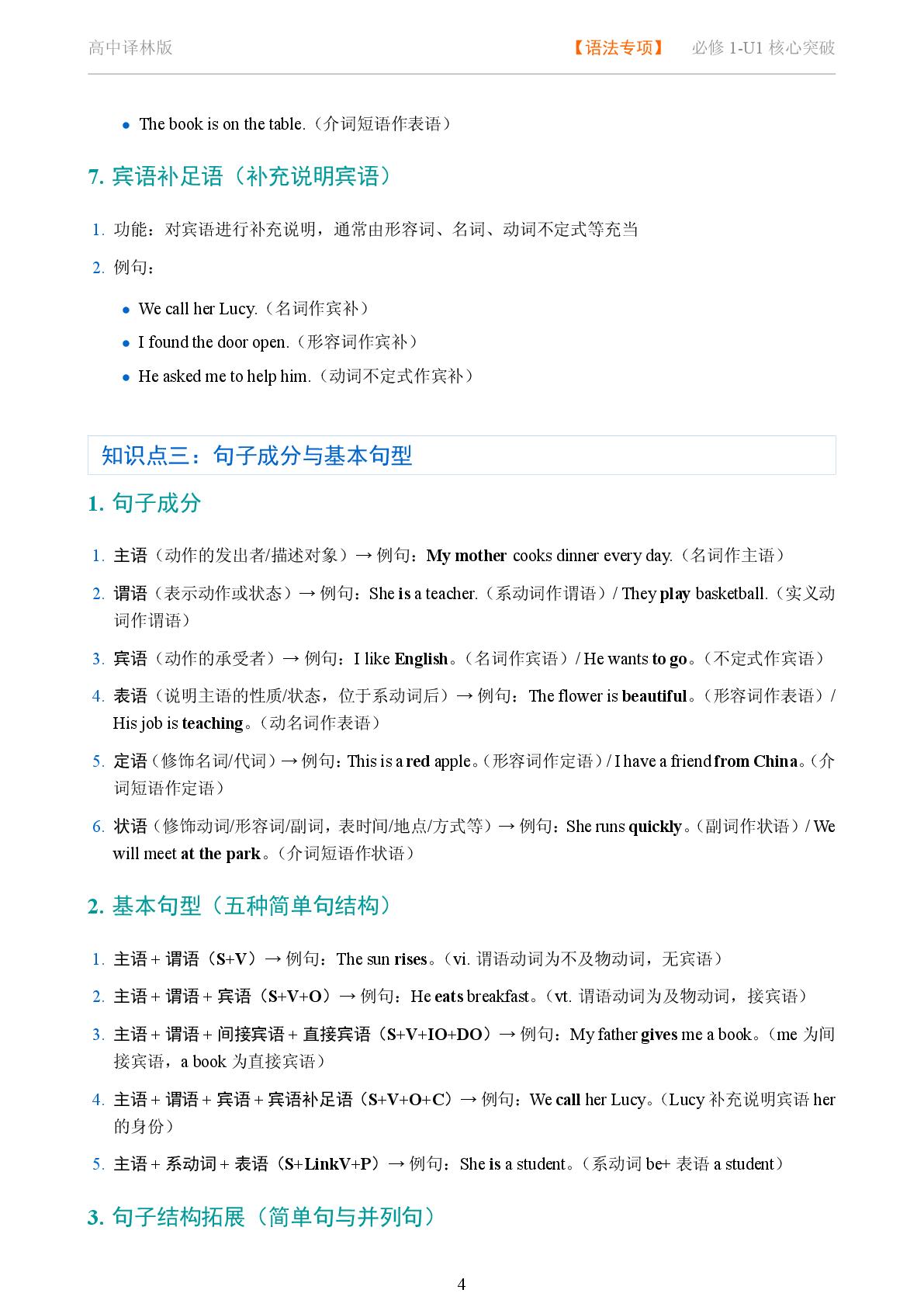 U1 句子成分与句子结构-2025-2026学年高中英语必修一语法知识点全解（译林版）