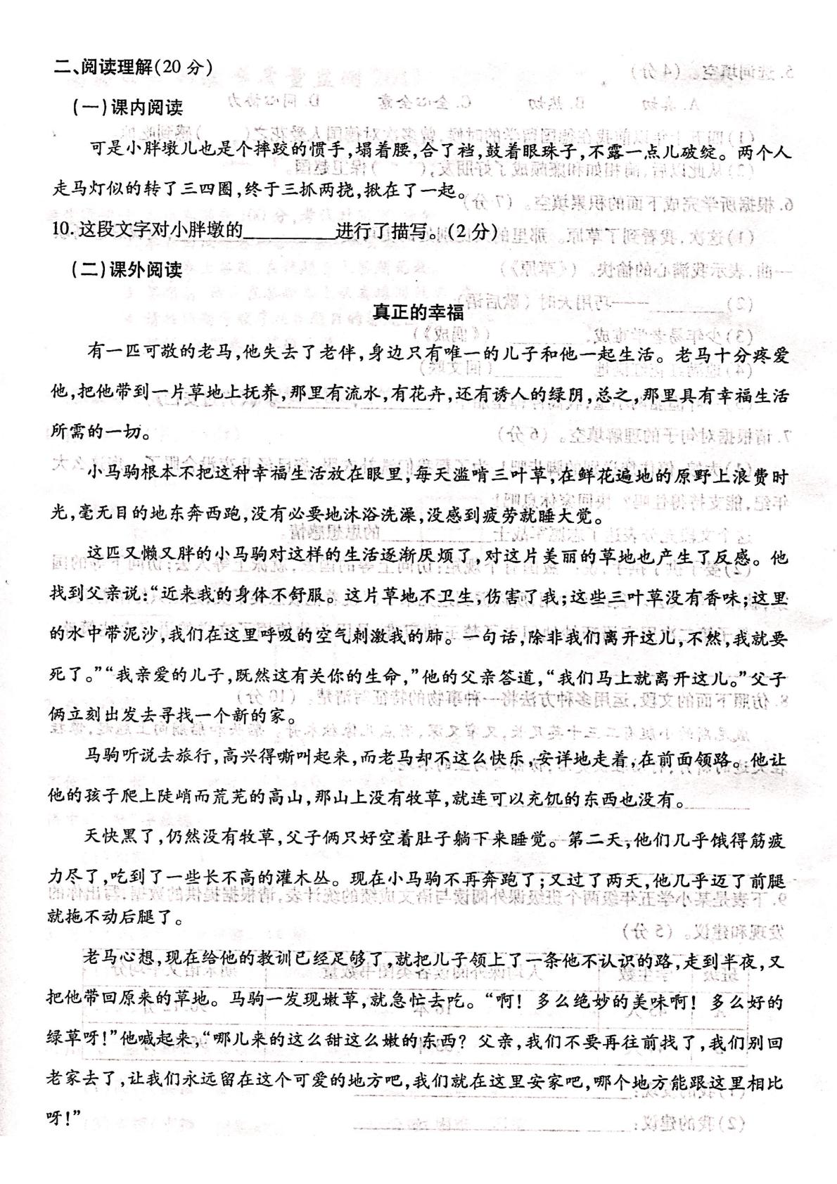 甘肃临夏州康乐县2023—2024学年第二学期五年级语文阶段性学情自测