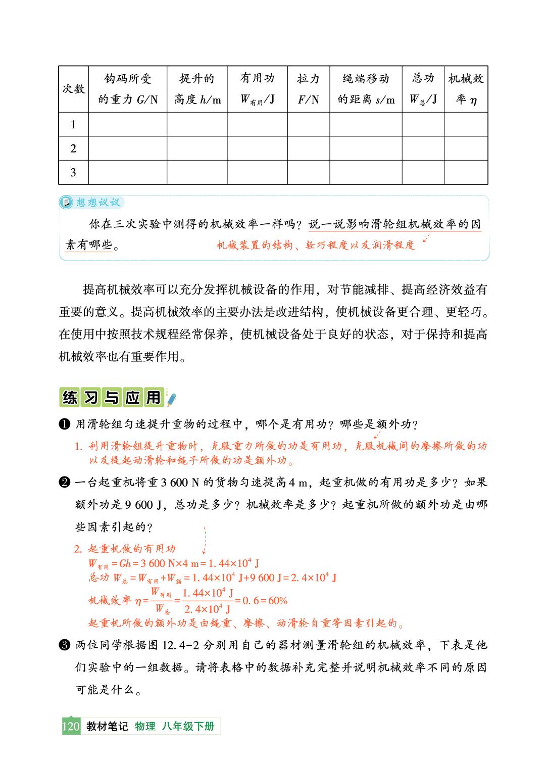 第十二章 第4节 机械效率-【教材笔记】2025-2026学年八年级下册物理（人教版·新教材）