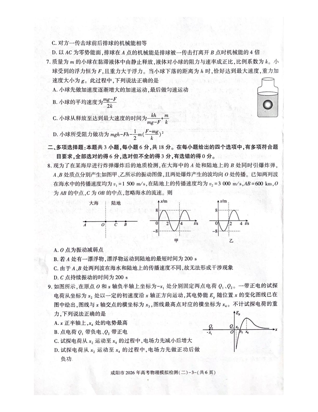 2026届陕西咸阳市高三下学期高考模拟检测（二）物理试题