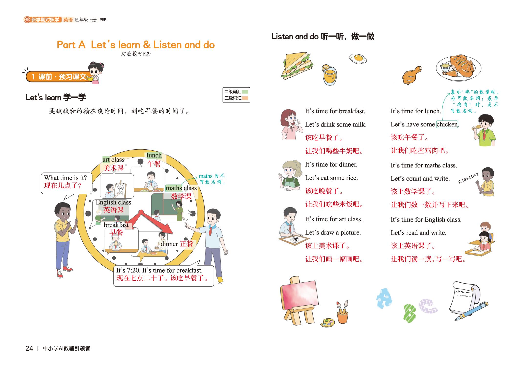 Unit 3 Time for school-【新学期笔记对照学】2025-2026学年四年级下册英语（人教PEP版·新教材）