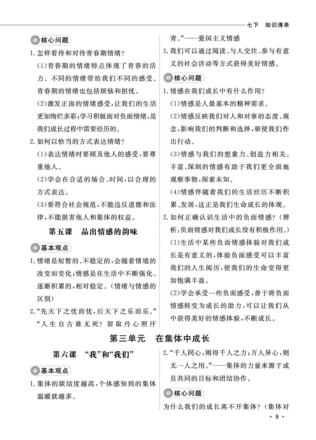 七下重要考点索引-【鹰击道道清】2026年天津中考道德与法治冲关知识速查手册