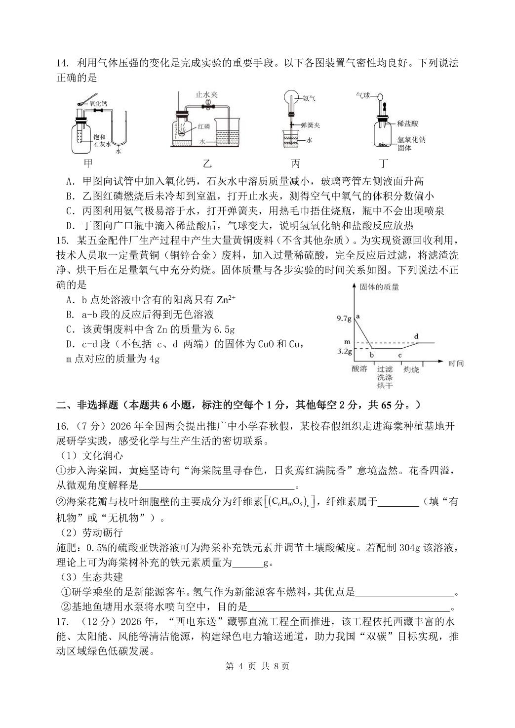 2026年山东临沂市河东区中考一模化学试题