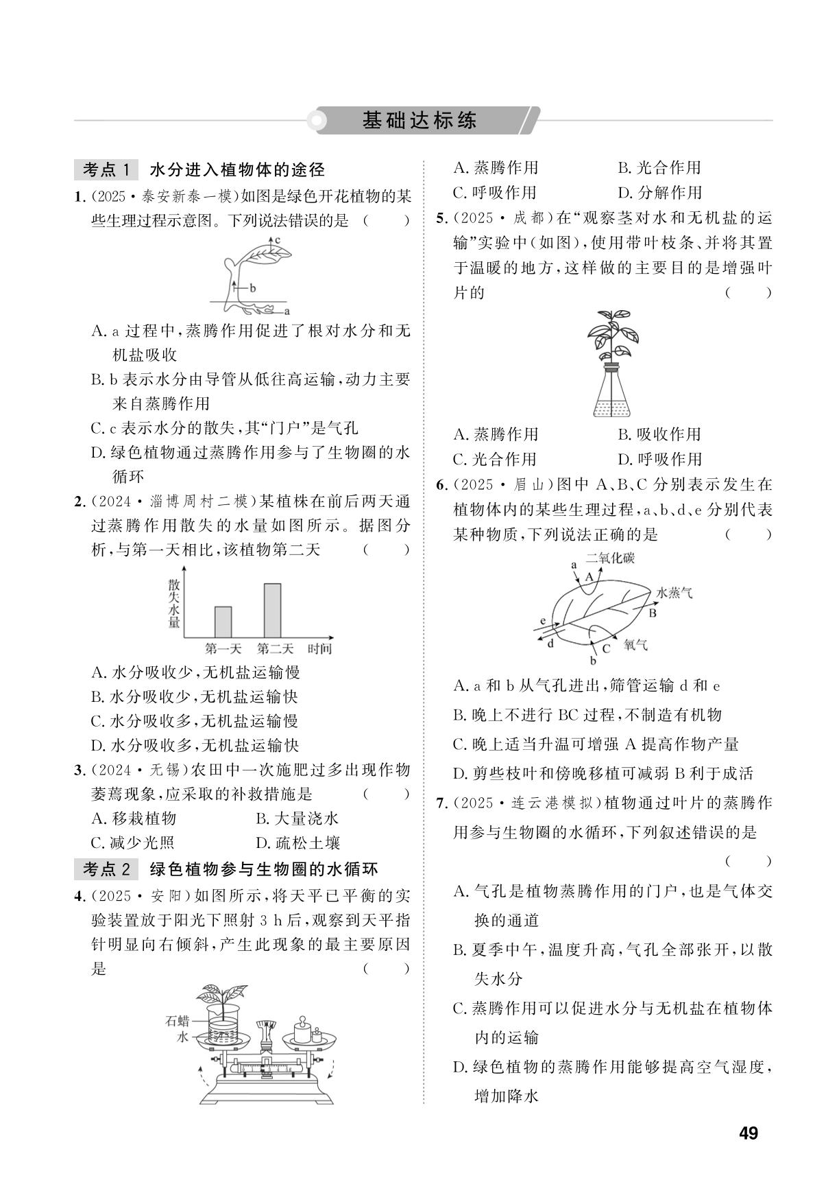 第3单元 第7课时 绿色植物与生物圈的水循环-【中考对策】2026年中考总复习生物（鲁科版 五四制）