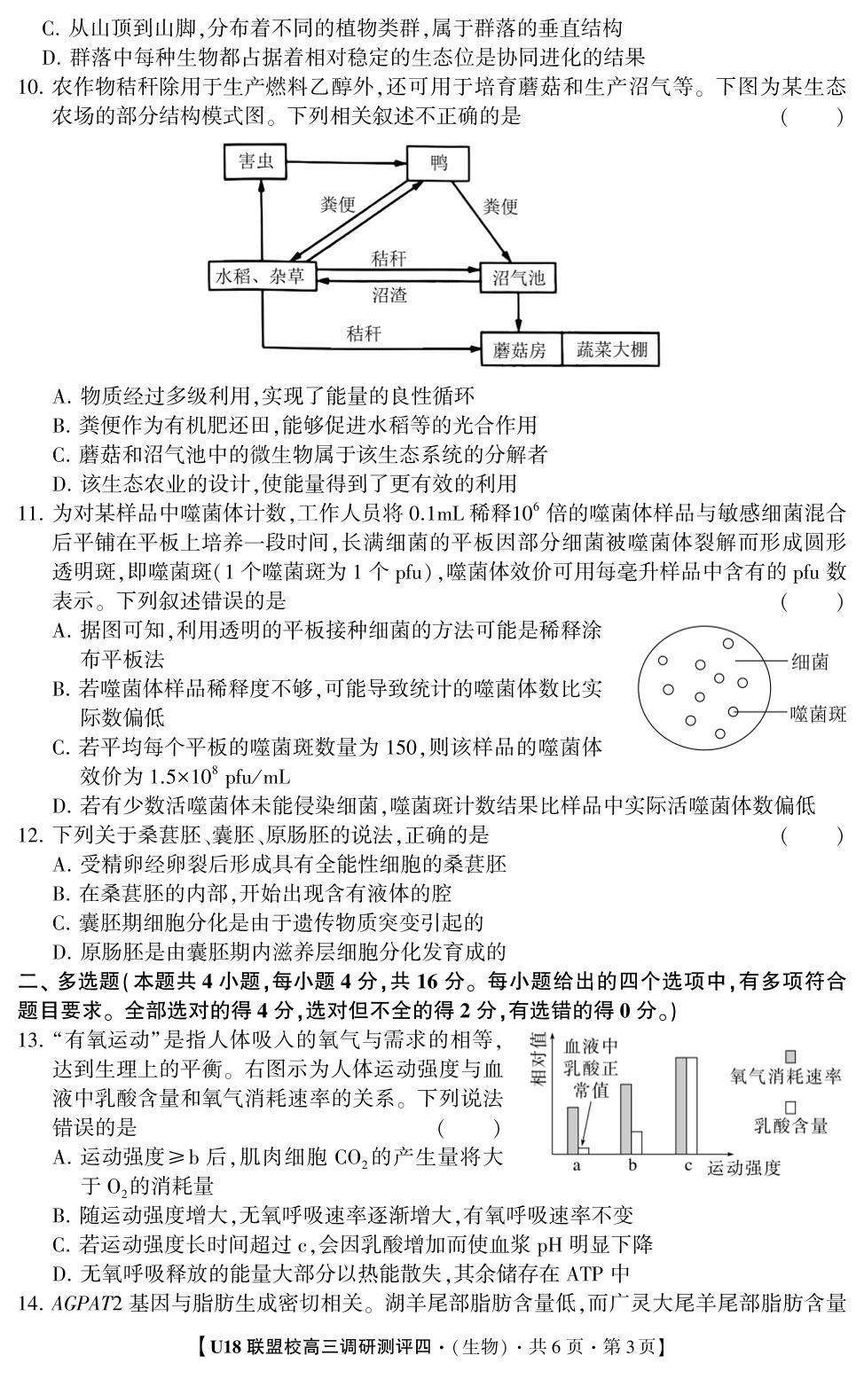 2026年高考押题冲刺卷·U18联盟校高三调研测评·生物4（多选版）