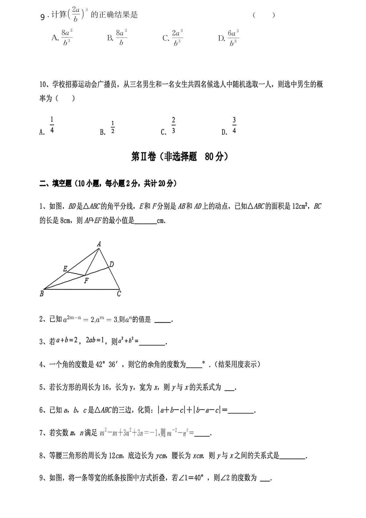 四川省绵阳南山中学双语学校2024-2025学年七年级下学期数学期末考试专项测评