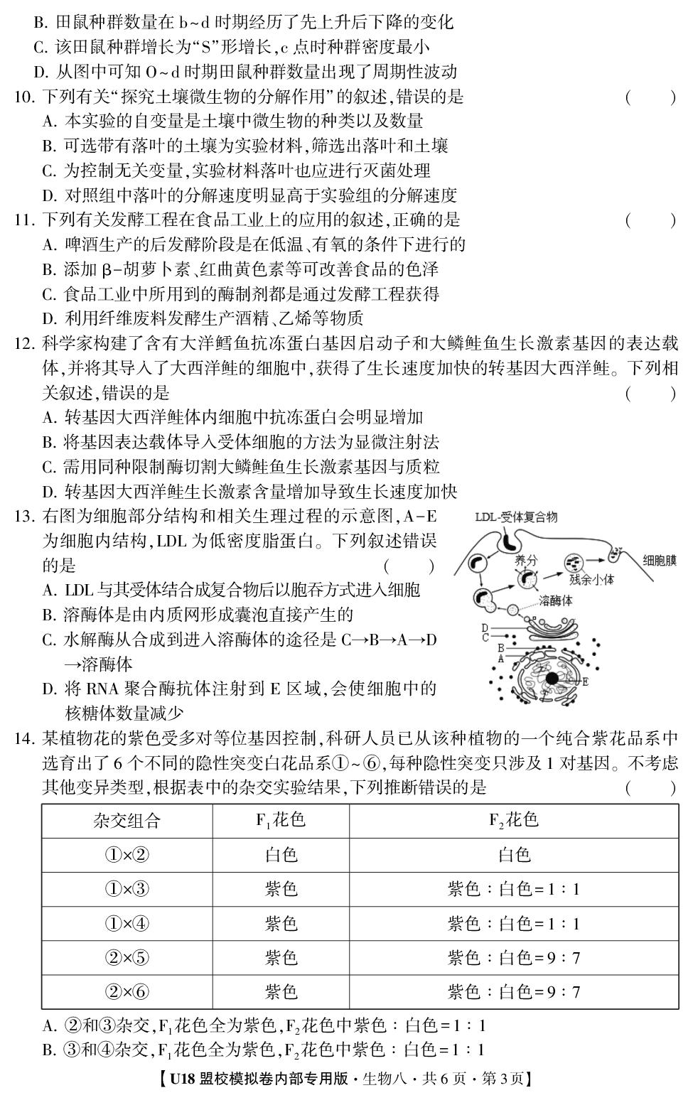 2026年高考押题冲刺卷·U18盟校模拟卷·生物（单选版）8