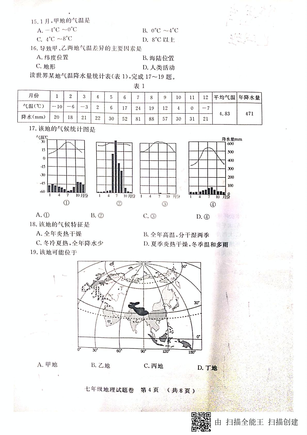 河南省郑州市2018-2019学年七年级上学期期末考试地理试题（图片版，无答案）